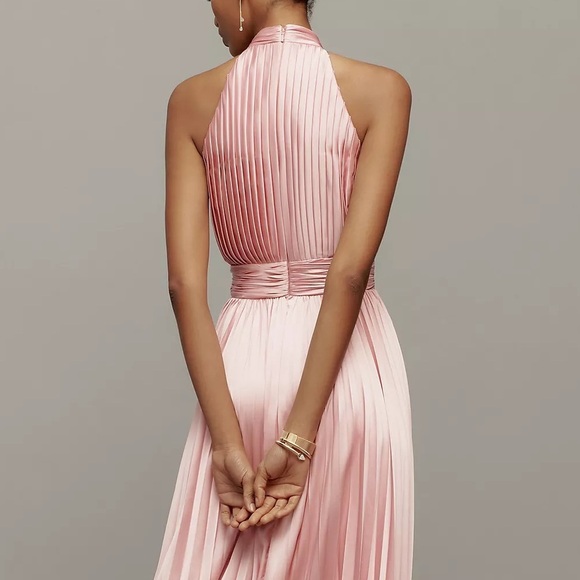 ANTHROPOLOGIE Mac Duggal Satin Pleated Halter High Neck Gown Maxi Dress Pink NWT - Picture 8 of 12